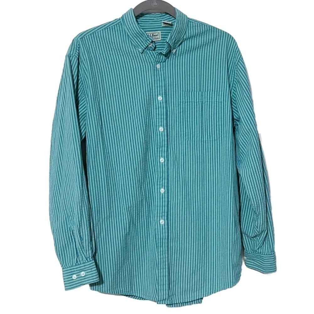 L.L. Bean Men’s Button Down Striped 100% Cotton Long Sleeve Shirt Blue Medium